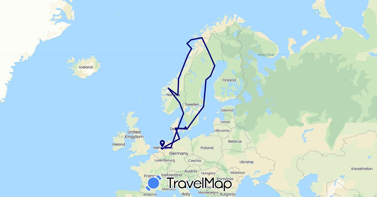 TravelMap itinerary: driving in Germany, Denmark, Netherlands, Norway, Sweden (Europe)